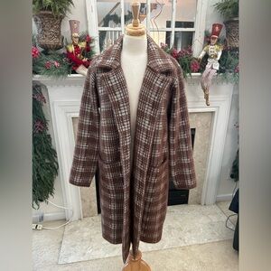 Tahari Brown Plaid Teddy Sweater Jacket
